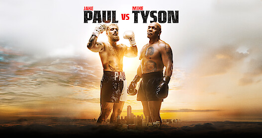 Jake Paul and Mike Tyson standing tall above a cityscape
