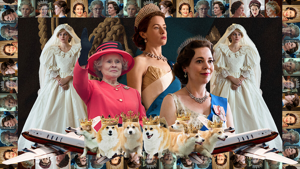 Collage of photos from 'The Crown' seasons 1–6