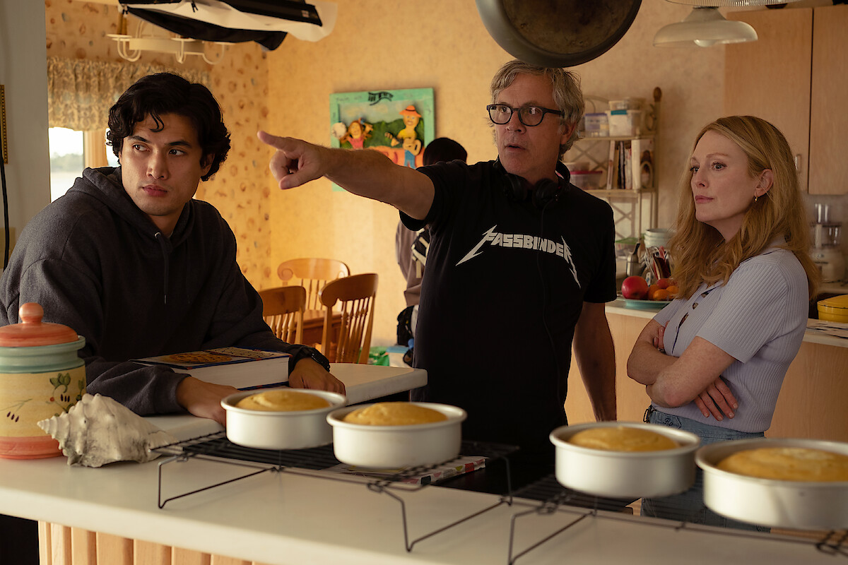 Charles Melton as Joe, Todd Haynes (Director) and Julianne Moore as Gracie Atherton-Yoo in 'May December.'