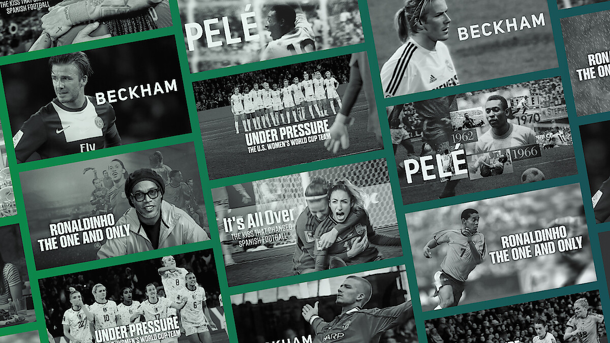Collage of famous soccer players and moments, including images of athletes in action, celebrating, and text featuring names like Beckham, Pele, Ronaldinho, and phrases about world cup and football history.