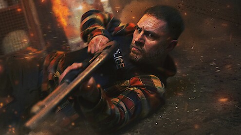 Tom Hardy as Walker holds a large gun in 'HAVOC'