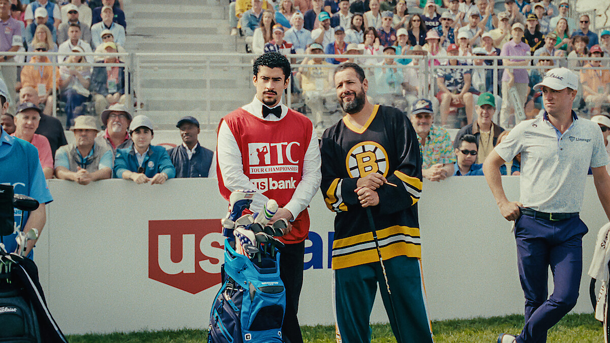 Quinn Stiller as Will Zalatoris Caddie, Benito Antonio Martínez Ocasio as Busboy, Adam Sandler as Happy Gilmore and Justin Thomas as himself in 'Happy Gilmore 2'