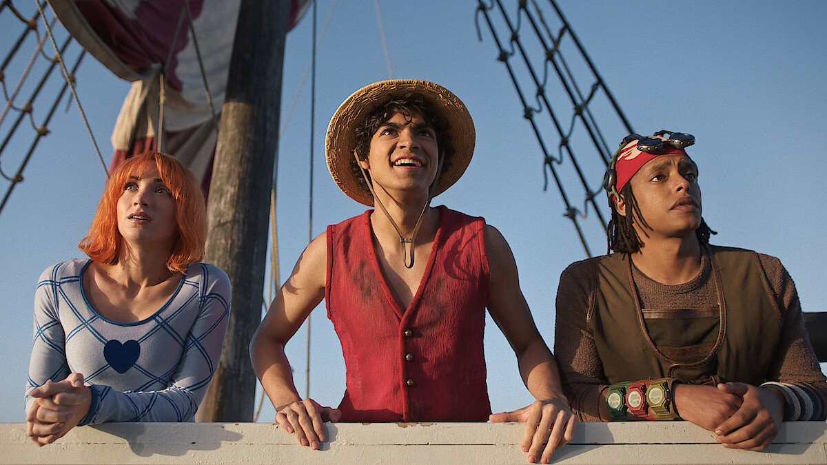 Emily Rudd as Nami, Iñaki Godoy as Monkey D. Luffy, and Jacob Romero as Usopp in Season 2 of 'One Piece.'