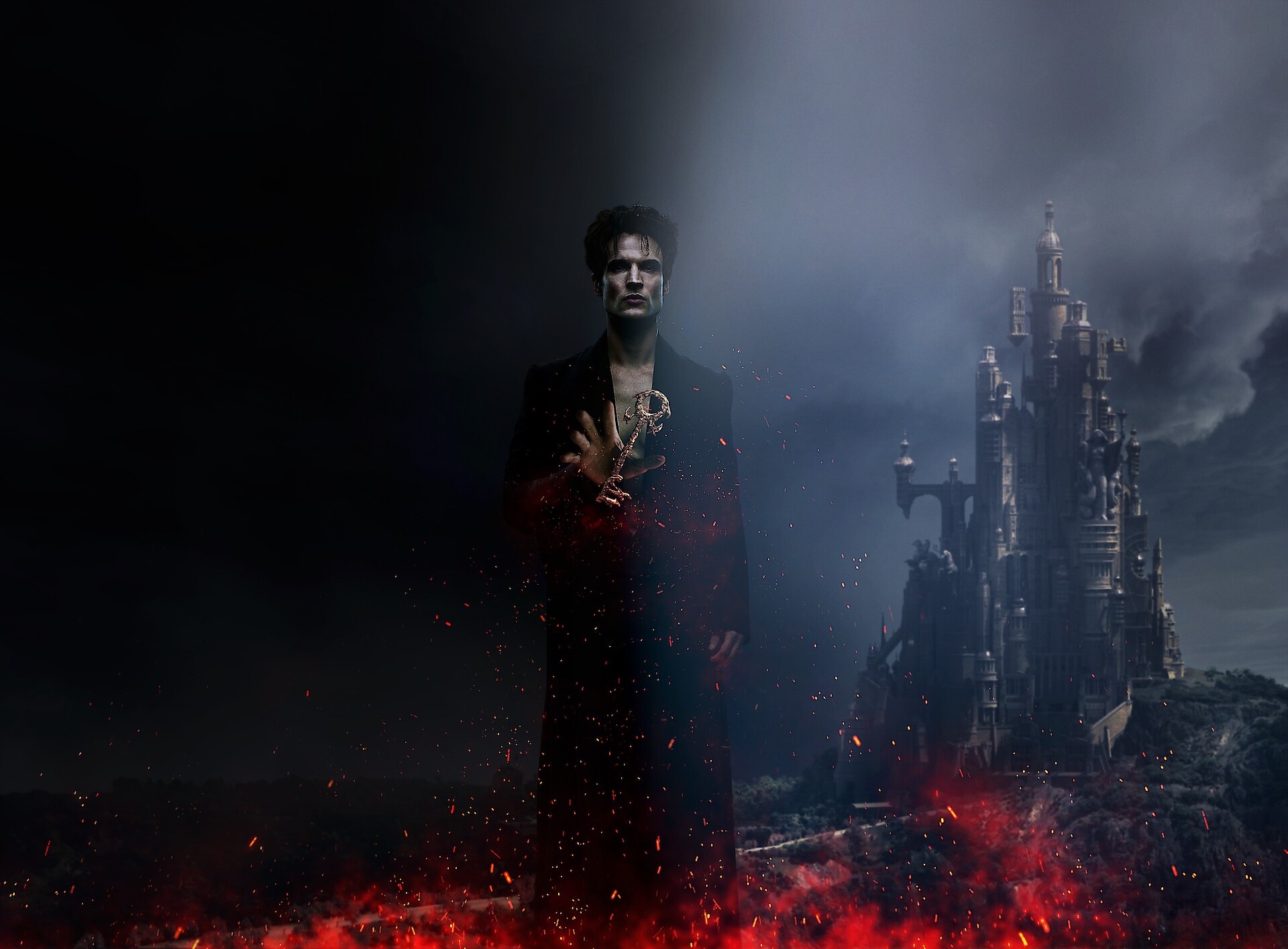 The Sandman Season 2 key art - Dream standing in a darm room in front of a castle