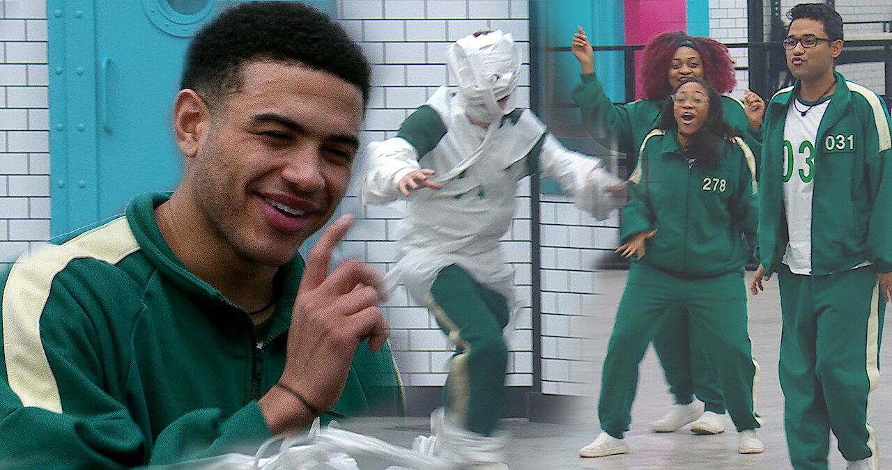 A collage of three scenes from the video, a group of Squid Game: The Challenge contestants dancing, a contestant dressed in toiletpaper pretending to me a mummy and another contestant is laughing