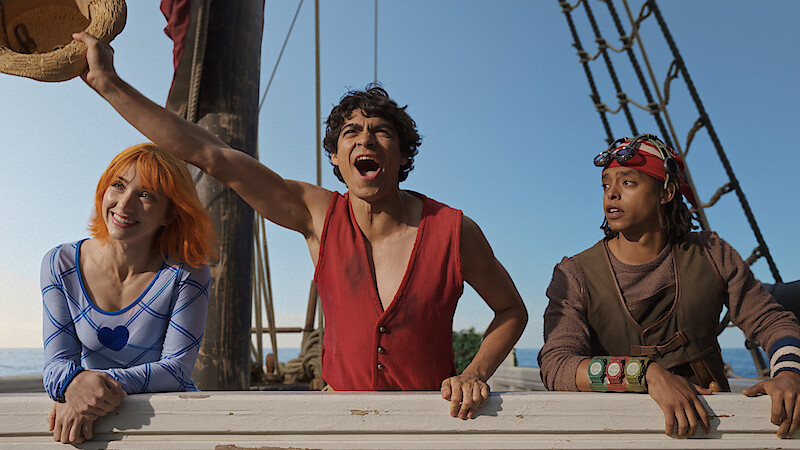 Emily Rudd as Nami, Iñaki Godoy as Monkey D. Luffy, and Jacob Romero as Usopp in 'ONE PIECE' Season 2