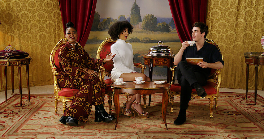 India Amarteifio, Corey Mylchreest, and Arsema Thomas try teas