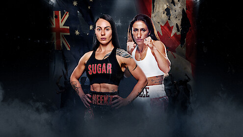 Cherneka Johnson and Amanda Galle pose in a dramatic, intense promotional poster with their country flags in the background.