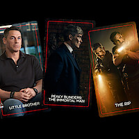 Three movie posters: a man sitting in an office ("Little Brother"), a suited man in a dark brick room ("Peaky Blinders: The Immortal Man"), and two armed men with flashlights in a tense, dark setting ("The Rip").