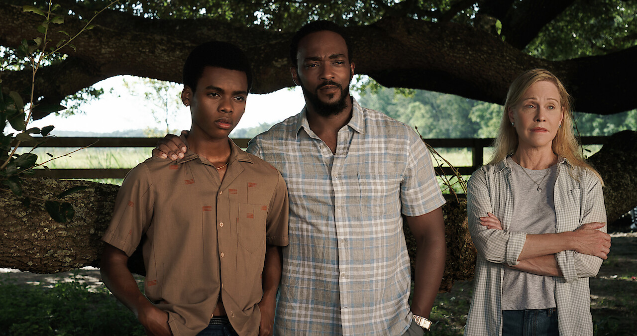 A family of three stand in front of a tree.
