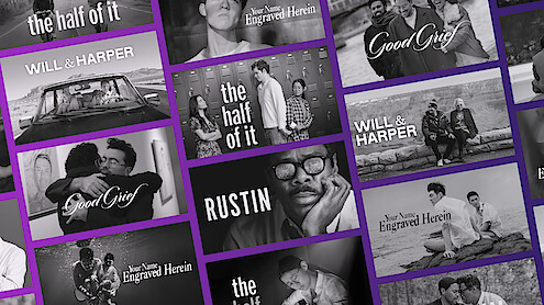 Collage of black and white promotional images for various LGBTQ+ films and shows, featuring diverse people in emotional scenes, each with a title overlay, arranged against a purple grid background.
