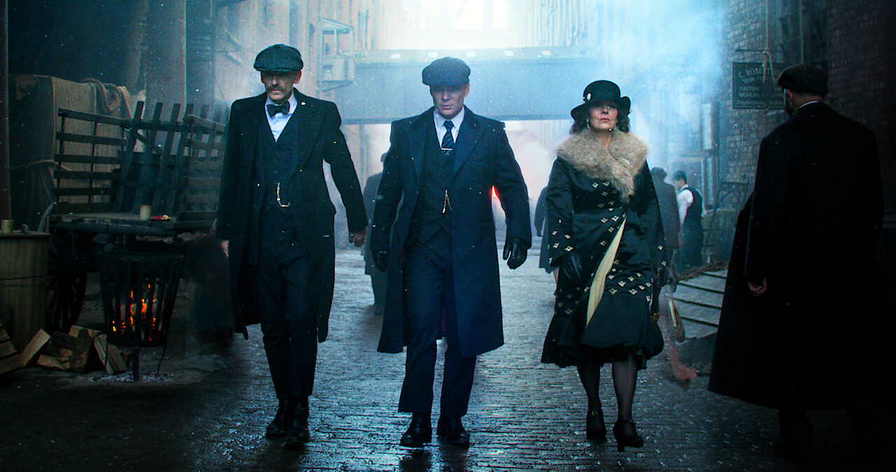 Tommy, Arthur and Aunt Polly walk down the street on a mission in 'Peaky Blinders'