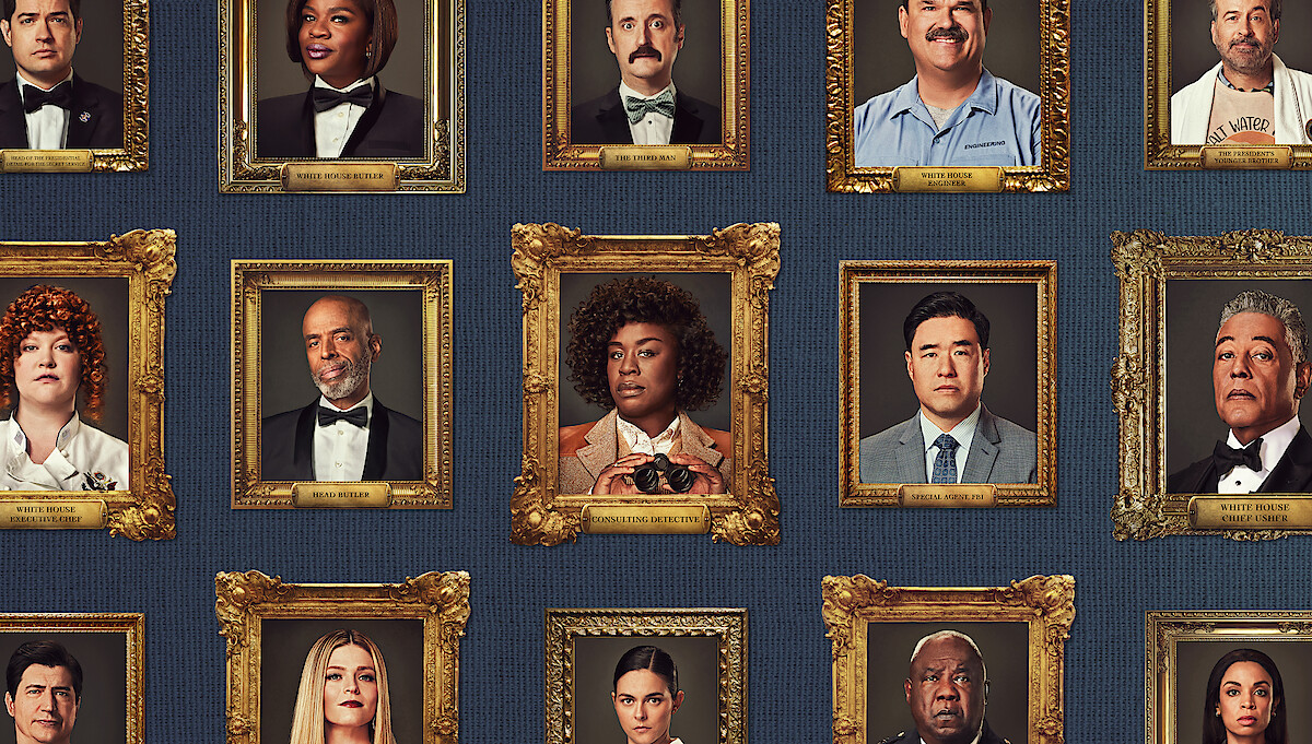 Framed images of The Residence season 1 cast