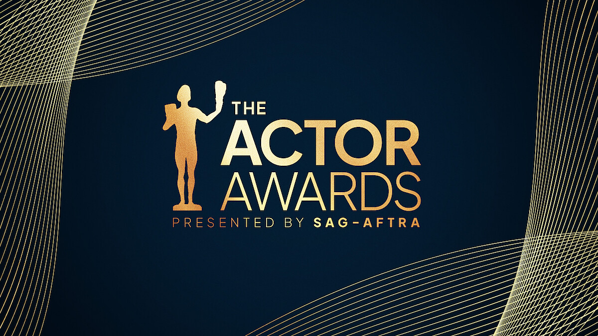 Gold text "The Actor Awards presented by SAG-AFTRA" with an actor trophy silhouette on a dark blue background with gold wave lines, representing an awards ceremony graphic.