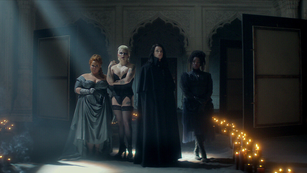 Donna Preston as Despair, Mason Alexander Park as Desire, Tom Sturridge as Dream, and Kirby Howell-Baptiste as Death in 'The Sandman' Season 2.