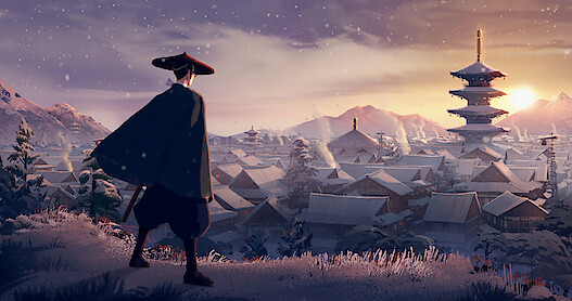 Samurai standing on hill looking down at a town with mountains in the background. 
