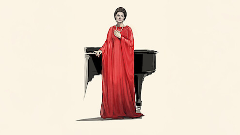 A sketch of Angelina Jolie as Maria Callas. She wears a red dress and stands by a black piano looking downright regal.