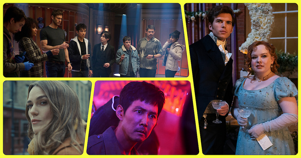 New Shows on Netflix illustration with the cast of the Umbrella Academy, Keira Knightley, Lee Jung-jae, Luke Newton and Nicola Coughlan