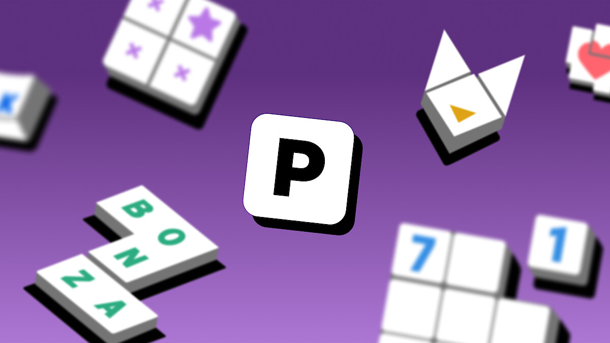 A smartphone displaying a word search puzzle app is centered, surrounded by colorful word and puzzle game pieces.