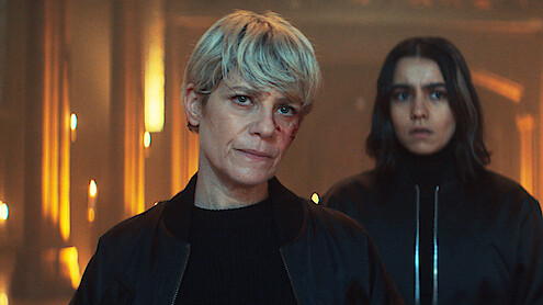 Marina Foïs as Selma and Lina El Arabi as Lyna wear black jackets in season 1 of 'Furies'