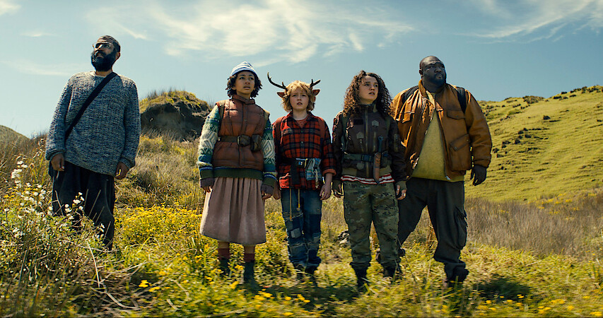 Adeel Akhtar as Singh, Naledi Murray as Wendy, Christian Convery as Gus, Stefania LaVie Owen as Becky, and Nonso Anozie as Jepperd stand on a mountainside together in season 3 of 'Sweet Tooth'