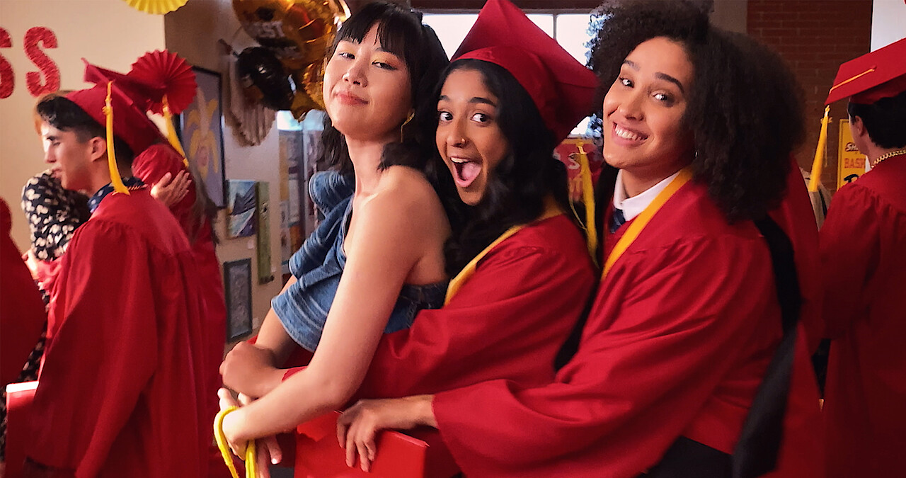 Ramona Young, Maitreyi Ramakrishnan, and Lee Rodriguez in Never Have I Ever.
