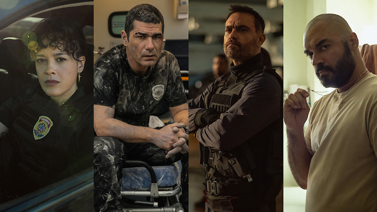Four intense characters from a crime drama, each shown in separate frames with serious expressions, wearing tactical or casual clothing.