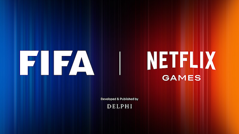 FIFA and Netflix Games logos on a gradient blue-to-red background, separated by a vertical line, suggesting a collaboration or partnership in a digital, modern, and energetic setting.
