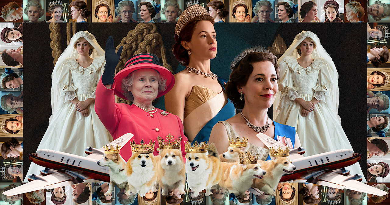 Collage of photos from 'The Crown' seasons 1–6