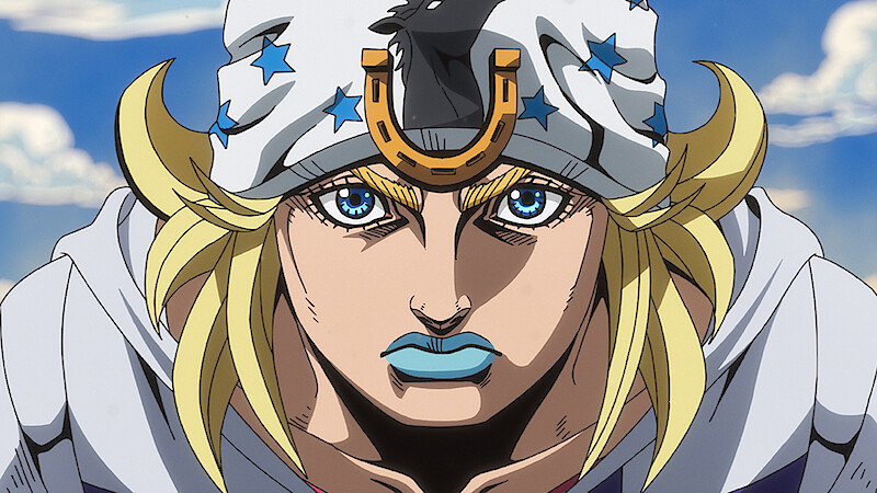 Johnny Joestar looks determined as he races forward against a cloudy sky.