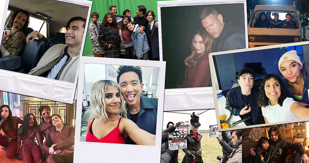 Behind-the-scenes photo collage of the cast of 'The Umbrella Academy' series. 