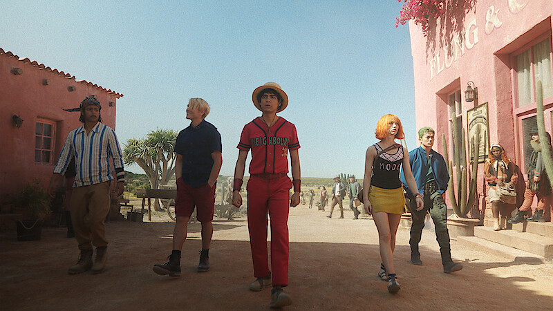Jacob Romero as Usopp, Taz Skylar as Sanji, Iñaki Godoy as Monkey D. Luffy, Emily Rudd as Nami, and Mackenyu as Roronoa Zoro in 'ONE PIECE' Season 2. 