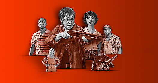 A collage illustration of the main characters of Texas Chainsaw Massacre
