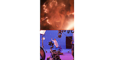 Photo of character on set performing stunt 