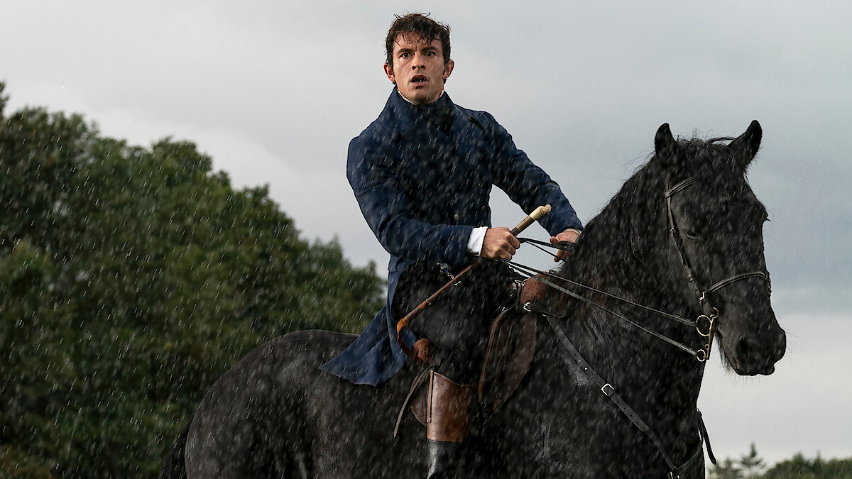 Anthony (Jonathan Bailey) riding a horse on 'Bridgerton.'