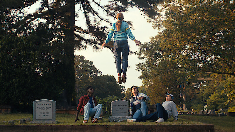 Caleb McLaughlin as Lucas Sinclair, Sadie Sink as Max Mayfield, Joe Keery as Steve Harrington, Gaten Matarazzo as Dustin Henderson in 'Stranger Things' Season 4.