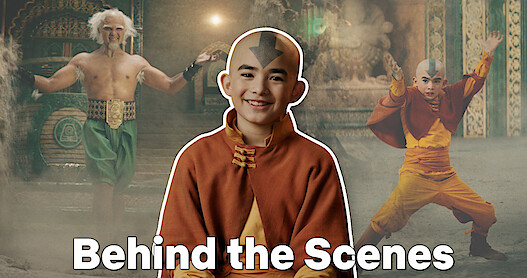 Gordon Cormier (Aang) in front of a backdrop with King Bumi (Utkarsh Ambudkar) and Aang mid-battle.
