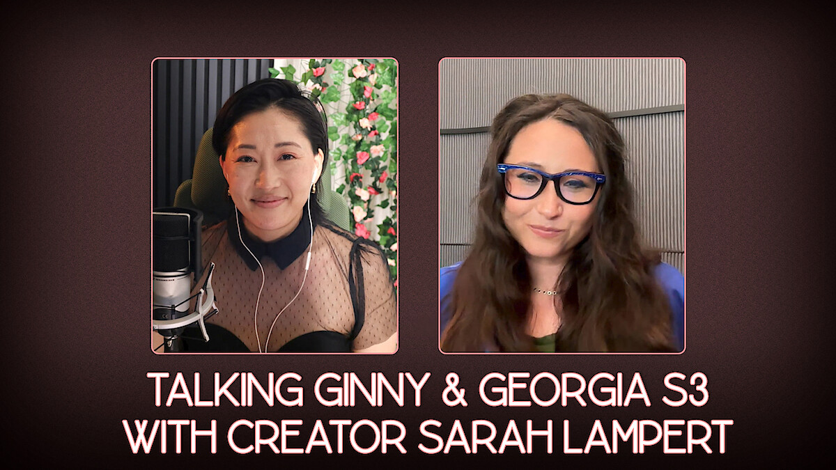 Mari on the left and Sarah Lampert on the right in a burgundy frame branded for Ginny & Georgia