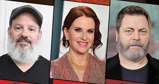 David Cross, Megan Mullally, Nick Offerman smile in headshots