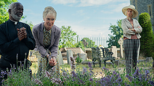 Joseph Marcell as Father Mackie, Celia Imrie as Joyce, and Helen Mirren as Elizabeth in 'The Thursday Murder Club'