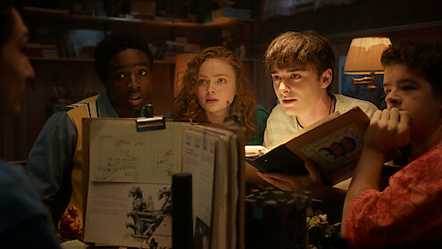 Finn Wolfhard as Mike, Caleb McLaughlin as Lucas, Sadie Sink as Max, Noah Schnapp as Will, and Gaten Matarazzo as Dustin in 'Stranger Things 5'