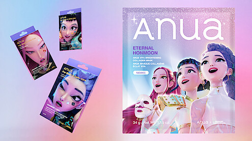 Four colorful anime-style face mask packages, featuring fantasy characters, are displayed on a pastel gradient background. The largest package reads "Anua Eternal Honmoon" with illustrated characters smiling in bright, glowing light.
