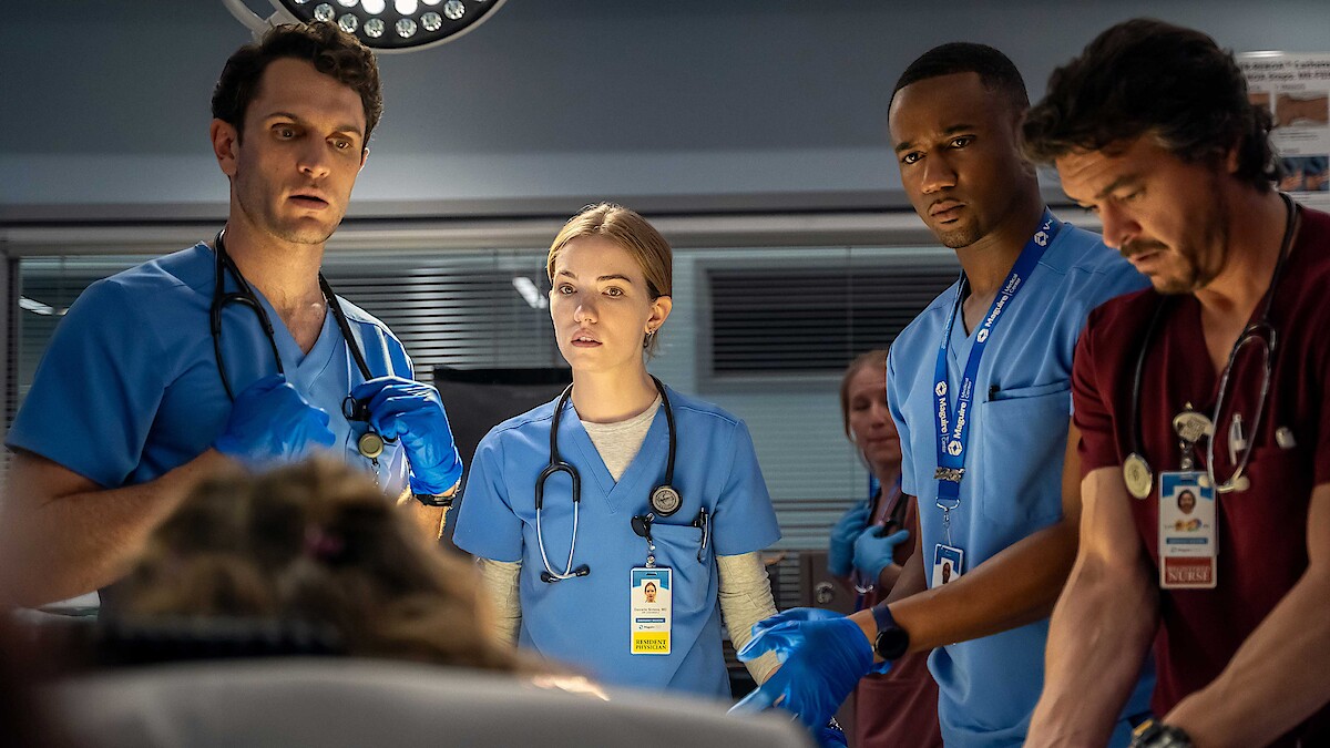 Colin Woodell as Xander Phillips, Willa Fitzgerald as Danny Simms, Jessie T. Usher as Sam Elijah, and Arturo Del Puerto as Luis Dominguez in 'Pulse.'