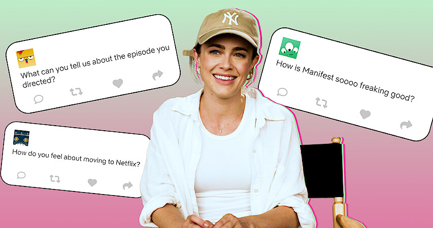Melissa Roxburgh sits in a directors chair on the set of Manifest Season 4 with fan questions populating the background.