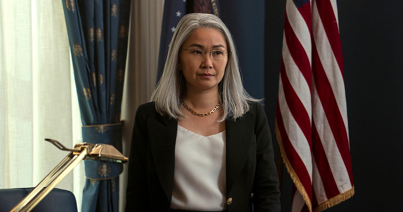 Hong Chau as Diane Farr stands the White House in The Night Agent