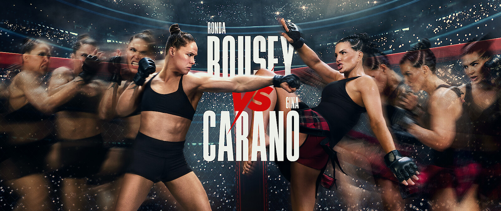Two female MMA fighters face off in a dynamic action scene inside a stadium cage, with dramatic lighting and motion blur effects. A crowd and bright lights fill the background, text shows "Rousey vs Carano" in bold letters at the center.