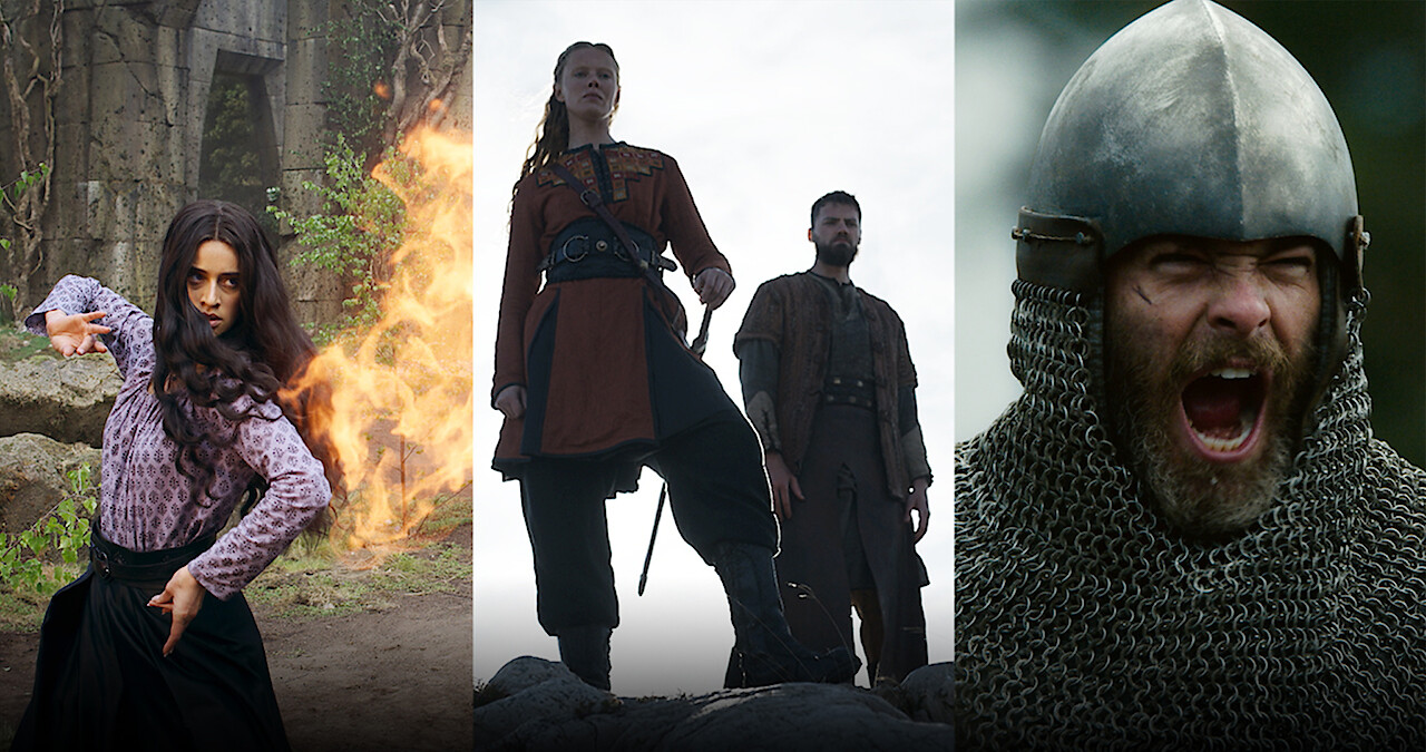 Split image of three stills from ‘The Witcher,’ ‘Vikings: Valhalla,’ and ‘Outlaw King’