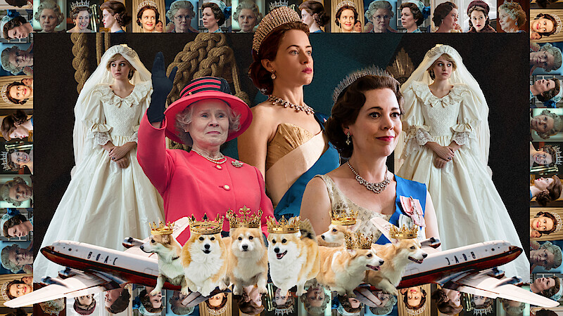 Collage of photos from 'The Crown' seasons 1–6