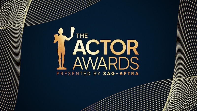 Gold text "The Actor Awards presented by SAG-AFTRA" with an actor trophy silhouette on a dark blue background with gold wave lines, representing an awards ceremony graphic.