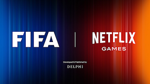 FIFA and Netflix Games logos on a gradient blue-to-red background, separated by a vertical line, suggesting a collaboration or partnership in a digital, modern, and energetic setting.